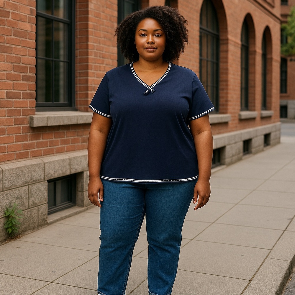 Alfred Dunner Navy Top with White Accents